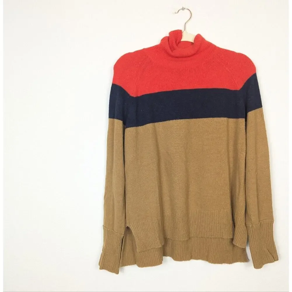 J. Crew Orange Color Block Wool Blend Mock Neck Sweater Size M